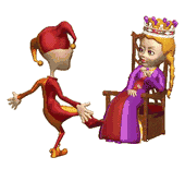 Un bufón baila ante una princesa sentada en su trono